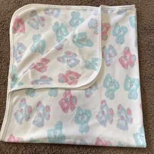 Carters White Blue Green Pink Teddy Bear Baby Blanket Cotton Pastel Vintage 90's